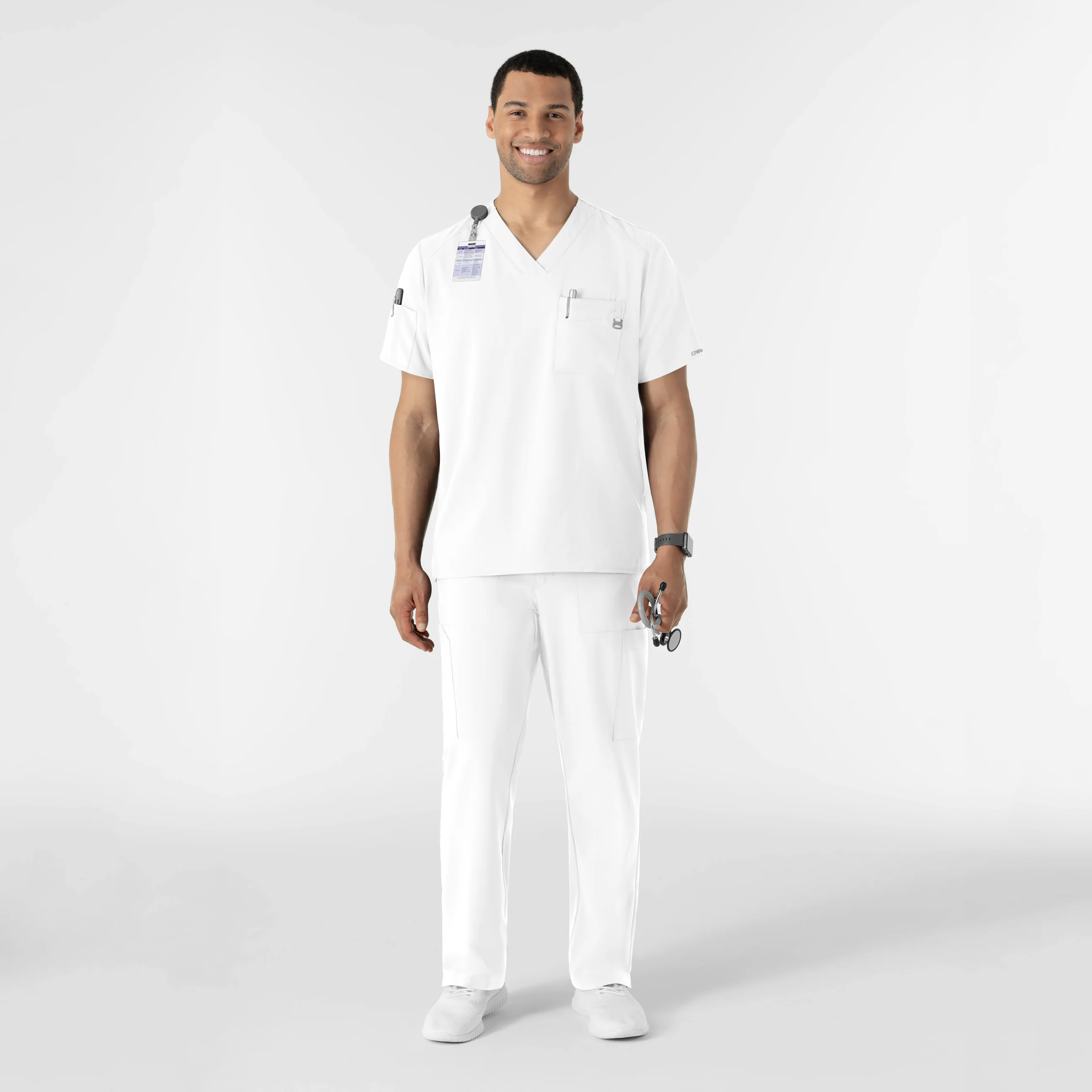 W123 Men's V-Neck Scrub Top - White - Image 3