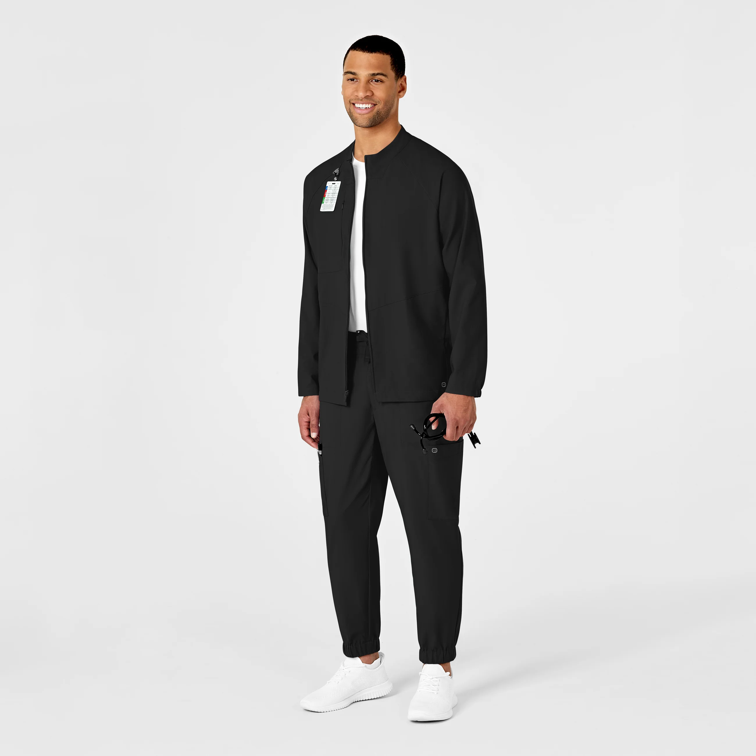 W123 Mens Zip Front Warm Up Scrub Jacket - Black - Image 3