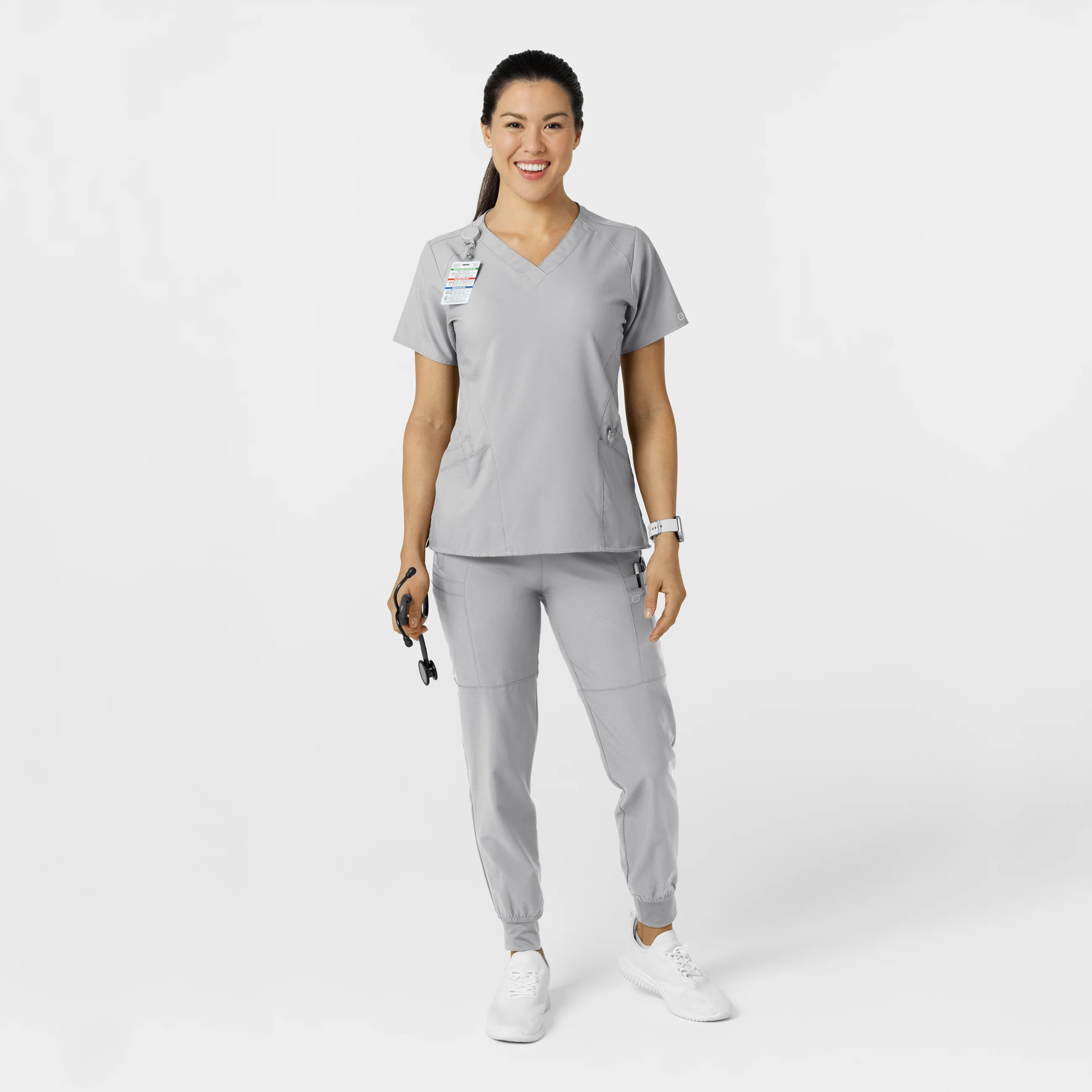 W123 Women's Comfort Waist Cargo Jogger Scrub Pant - Grey - Image 3