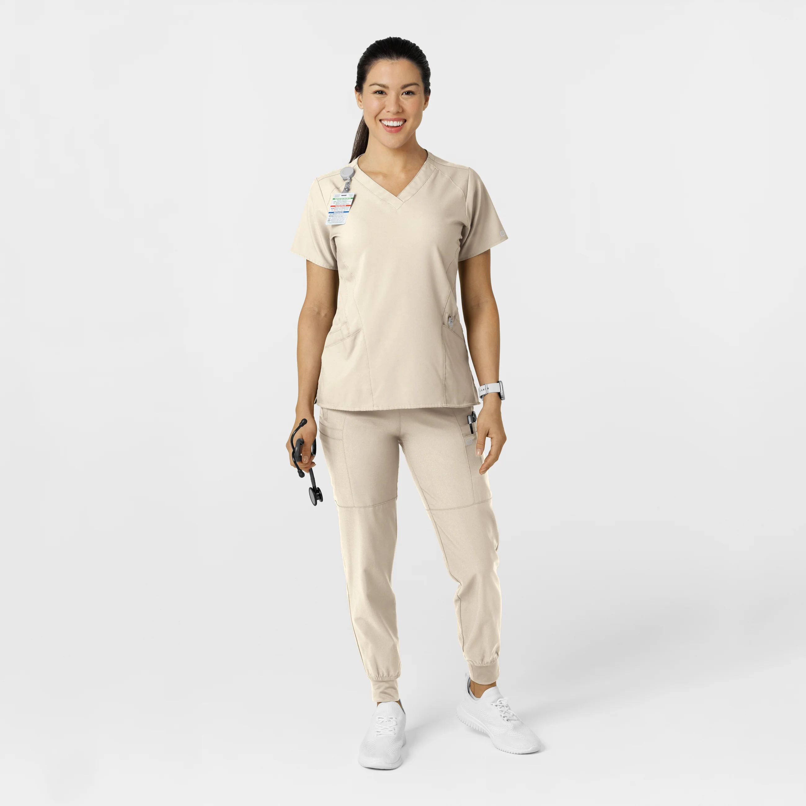 W123 Women's Comfort Waist Cargo Jogger Scrub Pant - Khaki - Image 3