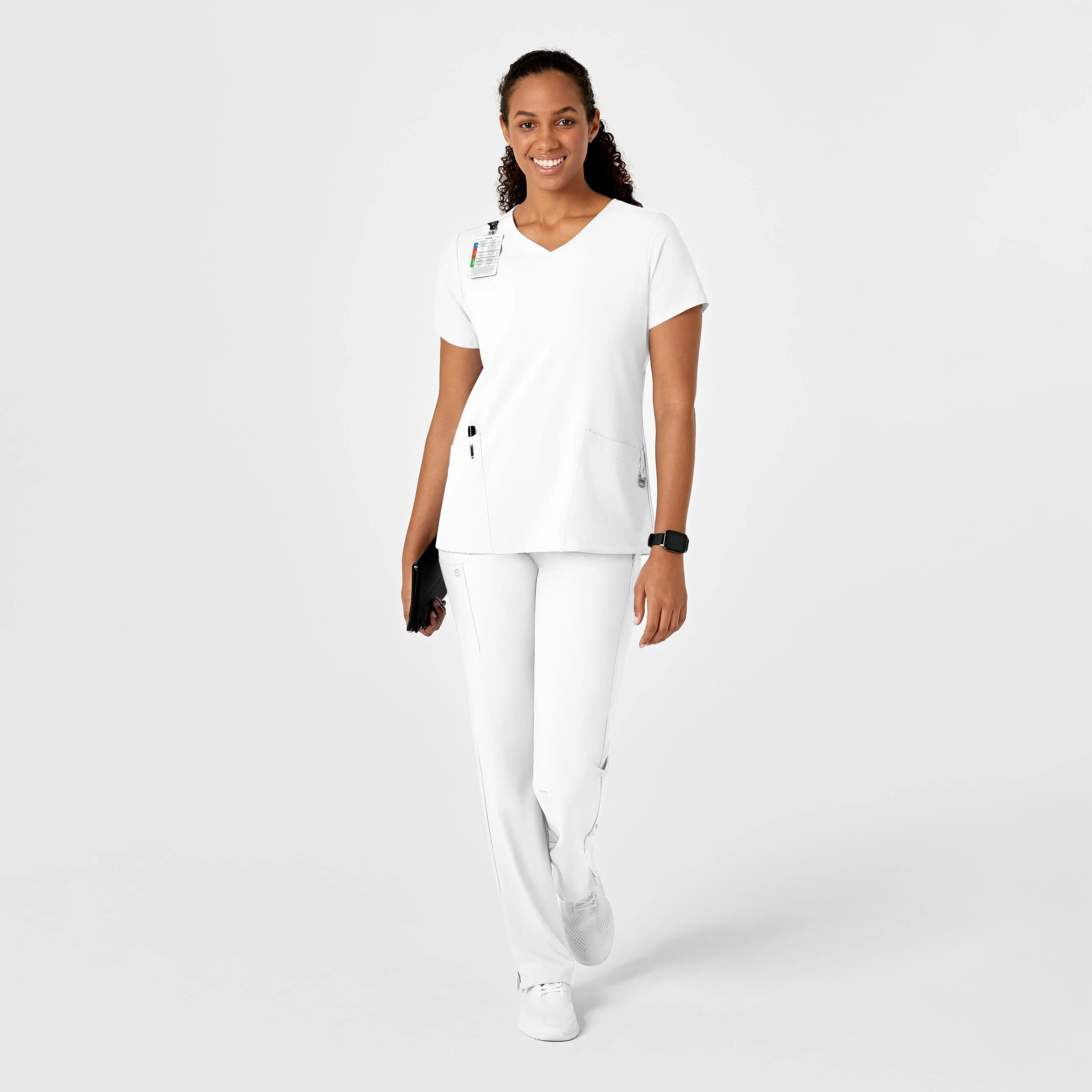 W123 Women's Y-Neck Wrap Scrub Top - White - Image 3